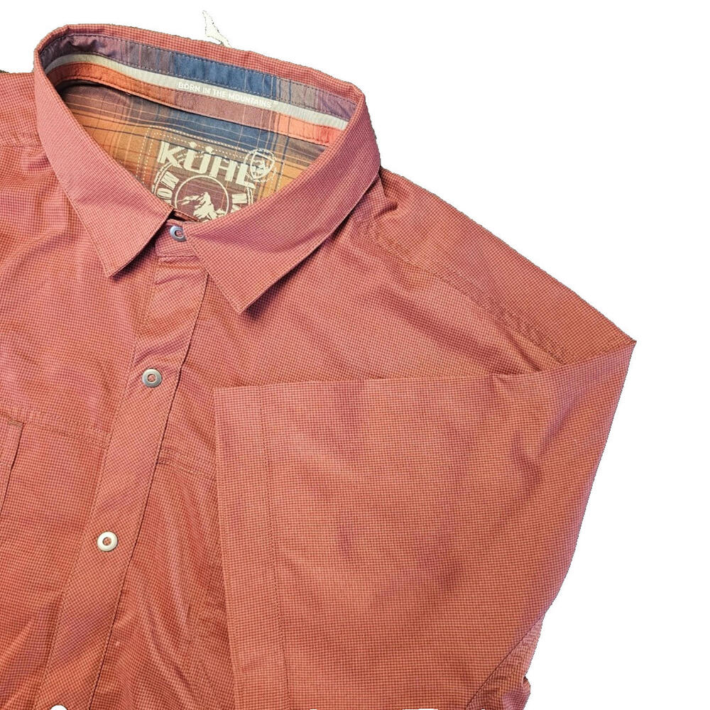 KÜHL Men's Button-Up Shirt XL Rust Orange Grid Plaid, Outdoor Performance Hiking